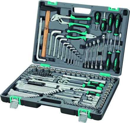 Набор инструментов, 1/2 и 3/8 и 1/4   CrV пластиковый кейс 142 предметов STELS 14107 купить в Урае