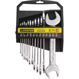 Набор: Ключ STAYER "PROFI" гаечный рожковый, Cr-V сталь, хромированный, 6-32мм, 12шт 27037-H12