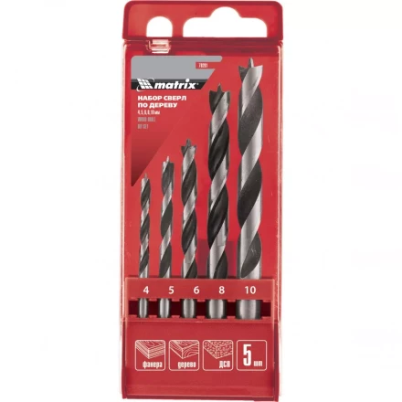 Набор сверл по дереву 4-5-6-8-10мм  цилиндрический хвостовик пластиковый кейс MATRIX 70281 купить в Урае