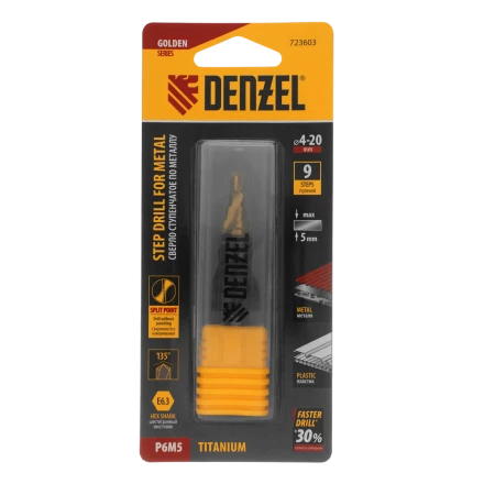 Сверло ступенчатое Denzel 723603 4-6-8-10-12-14-16-18-20 мм, Р6М5, 6-гр. хвостовик купить в Урае