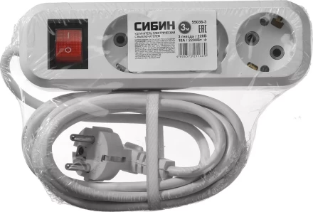 Удлинитель СИБИН электрический, ПВС сечение 0,75кв мм, 3 гнезда, макс мощн 2200Вт, 3м, заземление, выключатель 55036-3 купить в Урае