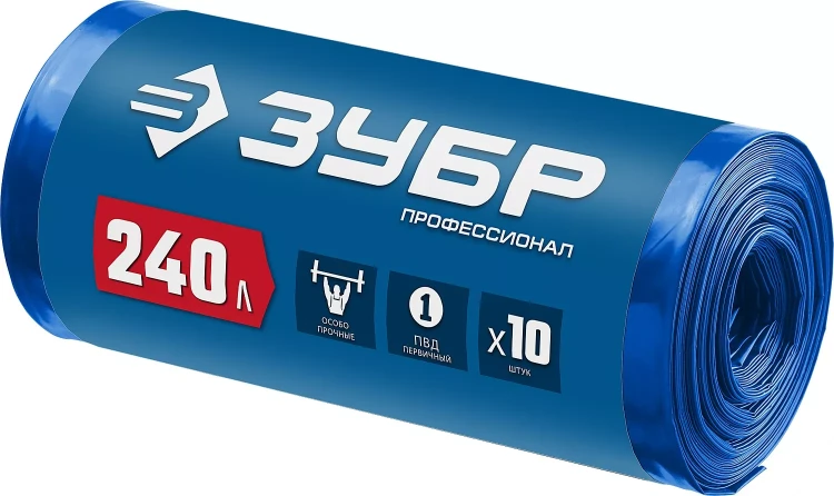 ЗУБР 240 л, 10 шт, синие, из первичного материала, особопрочные, строительные мусорные мешки, Профессионал (39159-240) купить в Урае