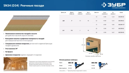 ЗУБР SN34 (D34) 50 х 2.8 мм, реечные гвозди рифленые оцинкованные, 5000 шт (305399-50) купить в Урае