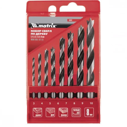 Набор сверл по дереву   3-4-5-6-7-8-9-10мм цилиндрический  хвостовик  пластиковый кейс MATRIX 70282 купить в Урае