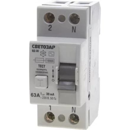 Выключатель дифференциальный &quot;УЗО&quot; СВЕТОЗАР, 2-полюсный, 63 A, &quot;AC&quot;, откл.диф.ток. 30 мА, 230 В SV-49152-30-63 купить в Урае