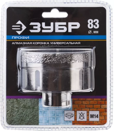 Алмазная коронка ЗУБР &quot;ПРОФЕССИОНАЛ&quot; универсальная для УШМ, сухое сверление, алмазы на вакуумной пайке,  посадка М14, d=83мм 29865-83 купить в Урае
