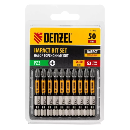 Бита IMPACT, PZ3x50 мм, лазерная обработка шлица, сталь S2, 10 шт., Е 6,3 Denzel 11693 купить в Урае