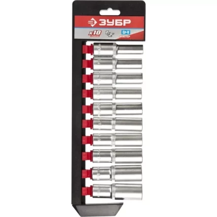 Набор ЗУБР &quot;МАСТЕР&quot;: Торцовые головки (1/2&quot;) удлиненные на пластиковом рельсе, Cr-V, 10-19мм, 10 предметов 27653-H10 купить в Урае