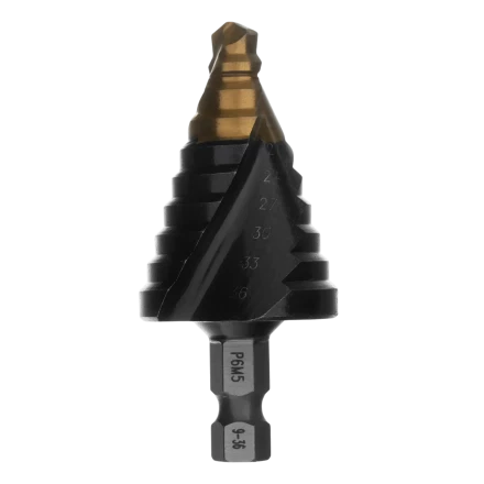 Сверло ступенчатое Denzel 723605, 9-12-15-18-21-24-27-30-33-36 мм, Р6М5, 6-гр. хвостовик купить в Урае