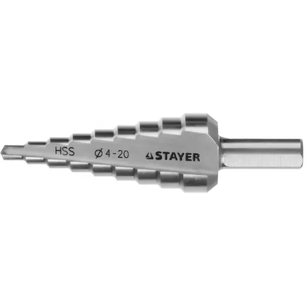 Сверло STAYER "MASTER" ступенчатое по сталям и цвет.мет., сталь HSS, d=4-20мм, 9ступ.d 4-20, L-75 мм,трехгран. хвост. 8мм 29660-4-20-9 купить в Урае