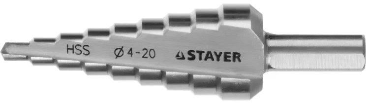 Сверло STAYER "MASTER" ступенчатое по сталям и цвет.мет., сталь HSS, d=4-20мм, 9ступ.d 4-20, L-75 мм,трехгран. хвост. 8мм 29660-4-20-9 купить в Урае
