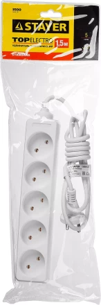 Удлинитель &quot;TOPELECTRO&quot; электрический, ПВС 2х1мм2, 5 гнезд, 3500 Вт, 1.5м, STAYER 55050-1.5 купить в Урае