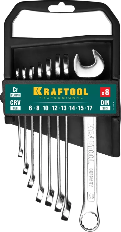 Наборы ключей комбинированных KRAFTOOL, Cr-V, DIN 3110, на пластиковой подвеске 27079-H8C купить в Урае