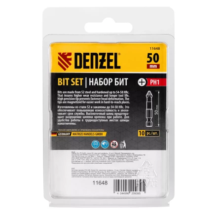 Бита PH1х50, сталь S2, цилиндр., 10 шт. Е 6,3 Denzel 11648 купить в Урае