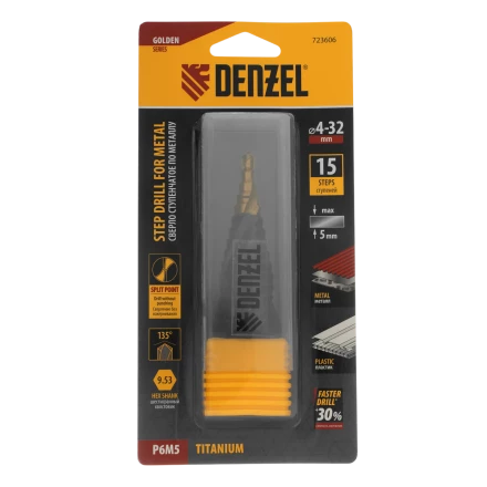 Сверло ступенчатое Denzel 723606, 4-6-8-10-12-14-16-18-20-22-24-26-28-30-32 мм, Р6М5, 6-гр. хвостовик купить в Урае
