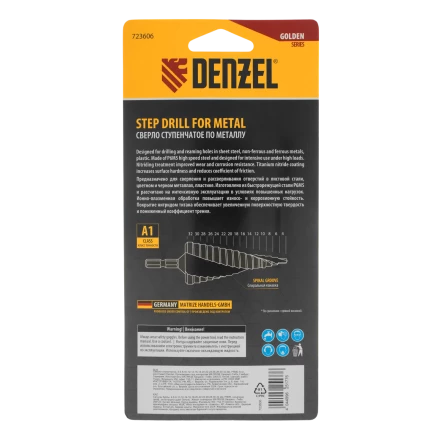 Сверло ступенчатое Denzel 723606, 4-6-8-10-12-14-16-18-20-22-24-26-28-30-32 мм, Р6М5, 6-гр. хвостовик купить в Урае
