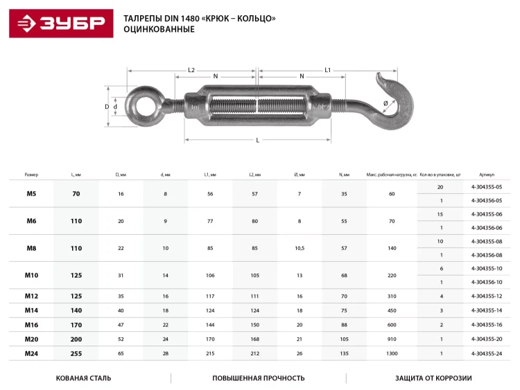 Талреп ЗУБР "ПРОФЕССИОНАЛ"  DIN 1480, крюк-кольцо, оцинкованный, кованая натяжная муфта, М12, 4 шт 4-304355-12 купить в Урае
