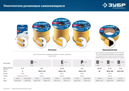 ЗУБР 150 м, E-профиль, размер 9 х 4 мм, белый, самоклеящийся резиновый уплотнитель, Профессионал (40921-150) купить в Урае