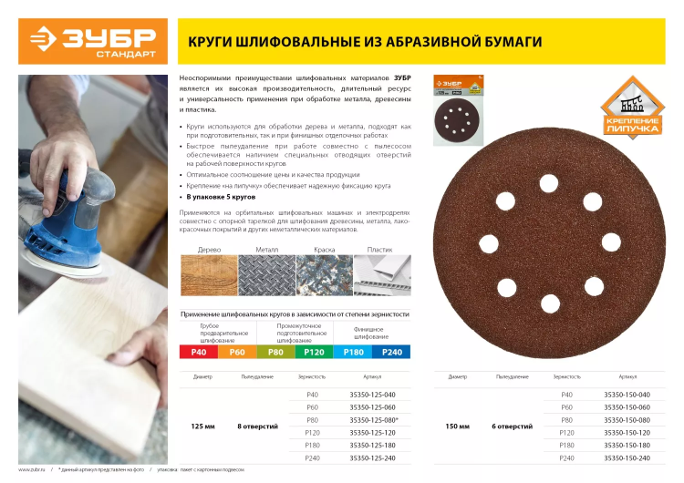 Круг шлифовальный ЗУБР "СТАНДАРТ" из абразивной бумаги на велкро основе, 8 отв., Р60, 125мм, 5шт 35350-125-060 купить в Урае