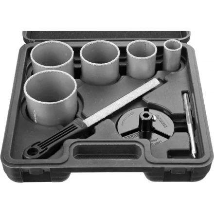 Набор STAYER &quot;PROFESSIONAL&quot;: Коронки с основанием и центровочным сверлом, напильник, d=33, 53, 67, 73, 83мм, 8предм 33345-H8 купить в Урае