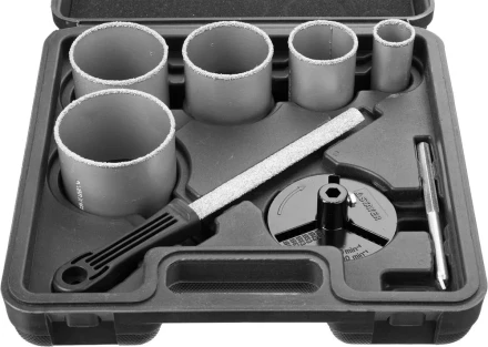 Набор STAYER &quot;PROFESSIONAL&quot;: Коронки с основанием и центровочным сверлом, напильник, d=33, 53, 67, 73, 83мм, 8предм 33345-H8 купить в Урае