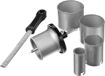 Набор STAYER &quot;PROFESSIONAL&quot;: Коронки с основанием и центровочным сверлом, напильник, d=33, 53, 67, 73, 83мм, 8предм 33345-H8 купить в Урае