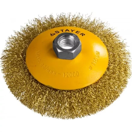 STAYER &quot;PROFESSIONAL&quot;. Щетка коническая для УШМ, витая стальная латунированная проволока 0,3мм, 115ммхМ14 35133-115 купить в Урае