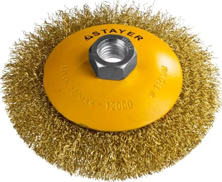STAYER &quot;PROFESSIONAL&quot;. Щетка коническая для УШМ, витая стальная латунированная проволока 0,3мм, 115ммхМ14 35133-115 купить в Урае