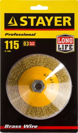 STAYER &quot;PROFESSIONAL&quot;. Щетка коническая для УШМ, витая стальная латунированная проволока 0,3мм, 115ммхМ14 35133-115 купить в Урае