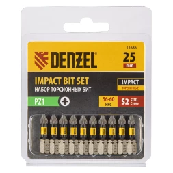 Бита IMPACT, PZ1x25 мм, лазерная обработка шлица, сталь S2, 10 шт., Е 6,3 Denzel 11686