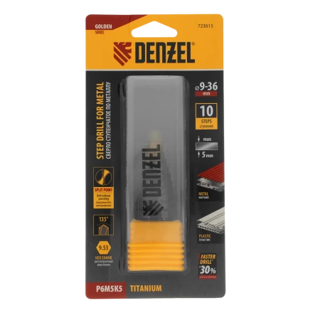 Сверло ступенчатое Denzel 723616, 4-6-8-10-12-14-16-18-20-22-24-26-28-30-32 мм, Р6М5К5, 6-гр. хвостовик купить в Урае