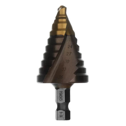 Сверло ступенчатое Denzel 723616, 4-6-8-10-12-14-16-18-20-22-24-26-28-30-32 мм, Р6М5К5, 6-гр. хвостовик купить в Урае