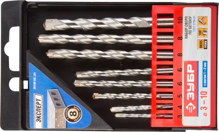 Набор ЗУБР Сверла по бетону ударные, 3-4-5-6-6-8-8-10 мм, пластиковый бокс, 8шт 29140-H8_z01 купить в Урае