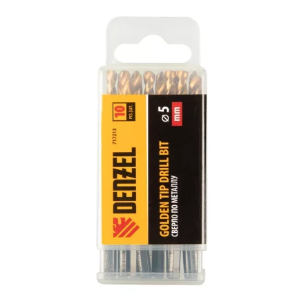 Сверло по металлу Denzel, 5 мм, HSS-Tin, Golden Tip, набор 10 шт., 717213 купить в Урае