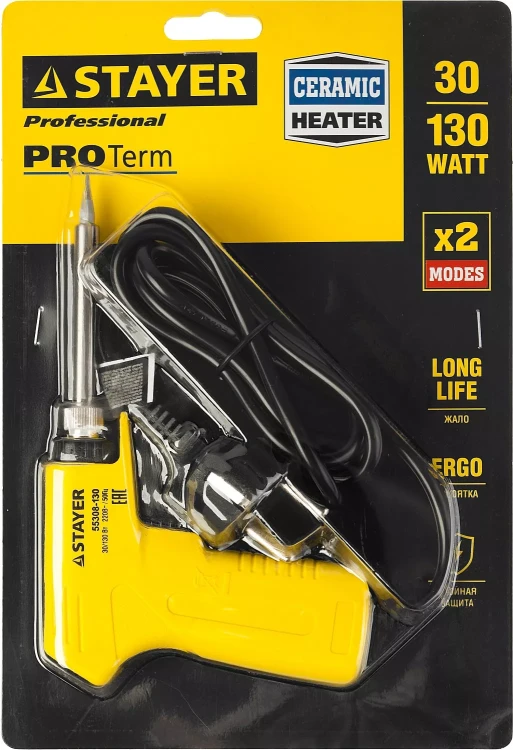 Паяльник с пистолетной пластмассовой рукояткой, STAYER "PROFI" PROTerm, 55308-130, 30 - 130 Вт, с керамическим нагревательным элементом 55308-130 купить в Урае