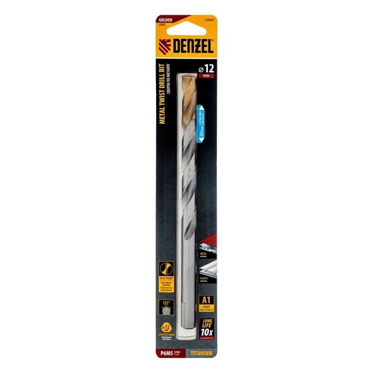 Сверло спиральное по металлу Denzel 12 x 205 мм, Р6М5, Golden Tip, удлиненное 718265 купить в Урае