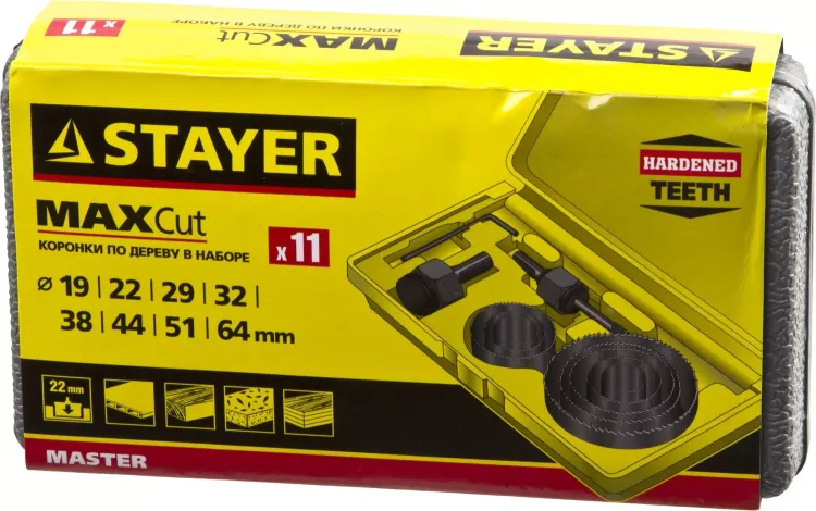 Набор STAYER "MASTER": Коронки по дереву, d=11, 22, 29, 32, 35, 38, 44, 51, 64мм, 11шт 29600-H11 купить в Урае