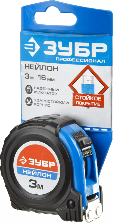 Рулетка ЗУБР "НЕЙЛОН", нейлоновое покрытие, упрочненное полотно, ударопрочный обрезиненный корпус, 3м/16мм 34056-03-16_z01 купить в Урае