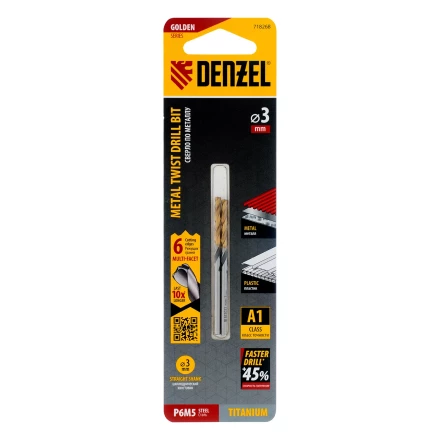 Сверло спиральное по металлу Denzel 3 x 61мм, Р6М5, Golden Tip, многогранная заточка, 2шт., 718268 купить в Урае