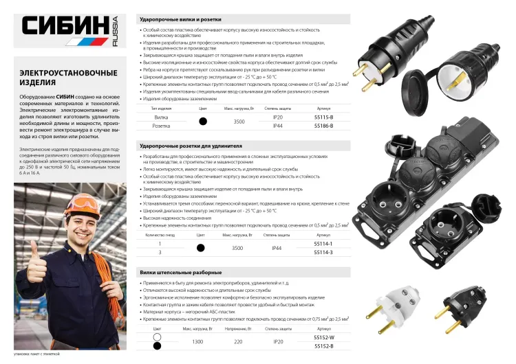 Вилка СИБИН электрическая, разборная, 6А/220В, белая 55152-W купить в Урае