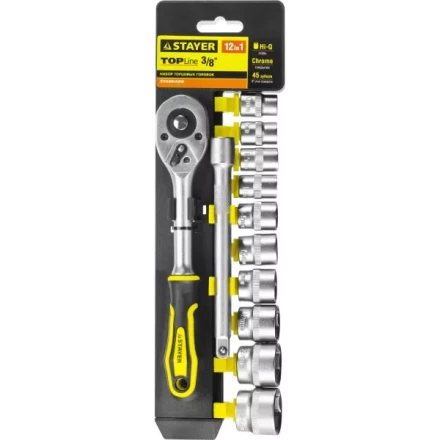 Набор STAYER &quot;STANDARD&quot;: Торцовые головки (3/8&quot;) на пластиковом рельсе, трещотка, удлинитель, 10-24мм, 12 предметов 27752-H12 купить в Урае