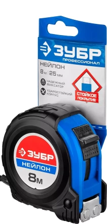 Рулетка ЗУБР &quot;НЕЙЛОН&quot;, нейлоновое покрытие, упрочненное полотно, ударопрочный обрезиненный корпус, 8м/25мм 34056-08-25_z01 купить в Урае