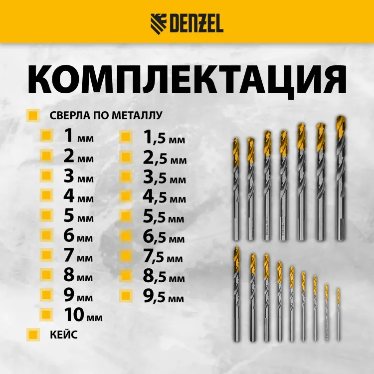 Набор сверл по металлу Denzel 723003, 1-10 мм, Р6М5-TiN, Golden Tip, 19 шт купить в Урае