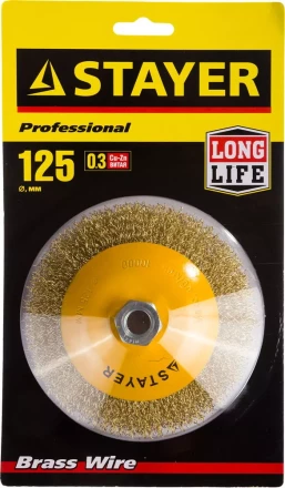 STAYER &quot;PROFESSIONAL&quot;. Щетка коническая для УШМ, витая стальная латунированная проволока 0,3мм, 125ммхМ14 35133-125 купить в Урае