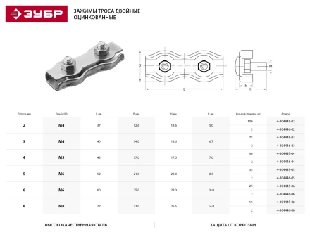 Зажим троса ЗУБР двойной, оцинкованный, 8мм, 2 шт 4-304446-08 купить в Урае
