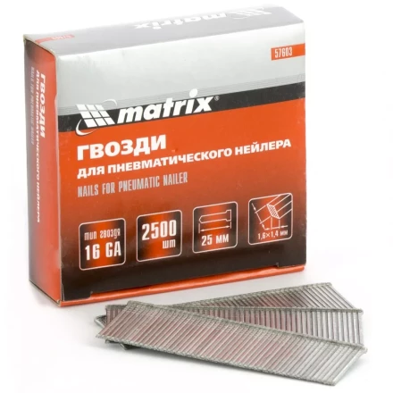 Гвозди 16GA для пневм. нейлера сечение 1,6х1,4 длина 40 мм 2500 шт MATRIX 57611 купить в Урае