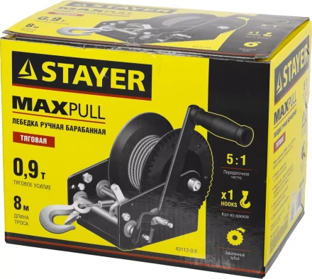 Лебедка ручная барабанная STAYER &quot;MASTER&quot;, тяговая, тросовая, 0,9т, 8м 43112-0.9 купить в Урае
