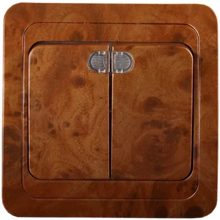 Выключатель СВЕТОЗАР &quot;ГАММА&quot; с подсветкой, двухклавишный, цвет орех, 10A/~250B SV-54135-N купить в Урае