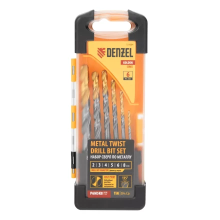 Набор сверл по металлу Denzel, 2-8мм, Р6М5К8-TiN, Golden Tip, 6 шт 723004 купить в Урае