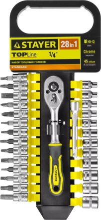 Набор STAYER &quot;STANDARD&quot;: Торцовые головки, биты-головки (1/4&quot;) на пластик рельсе, трещотка, удл-тель, 4-13мм, 28 пр. 27754-H28 купить в Урае